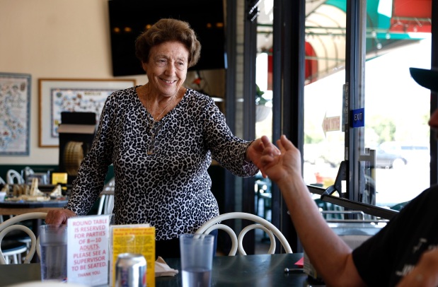 Alba Salciccia, former owner of Tony & Alba's Pizza and Pasta, chats with current co-owner and son-in-law Al Vallorz in the restaurant in San Jose, Calif., on Tuesday, June 13, 2023. (Nhat V. Meyer/Bay Area News Group)