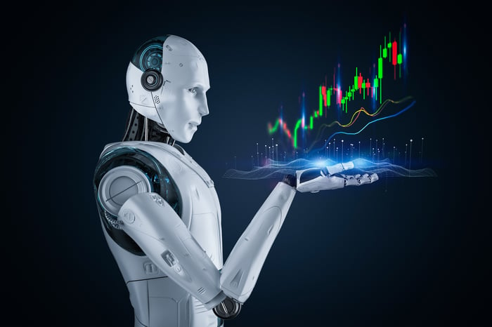 An artificial intelligence-driven robot displaying a rapidly rising candlestick stock chart hologram above its hand.