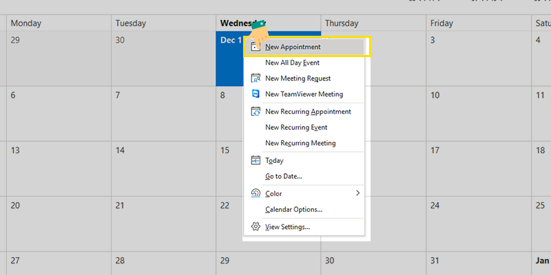 Nhấn chuột phải và chọn New Appointment