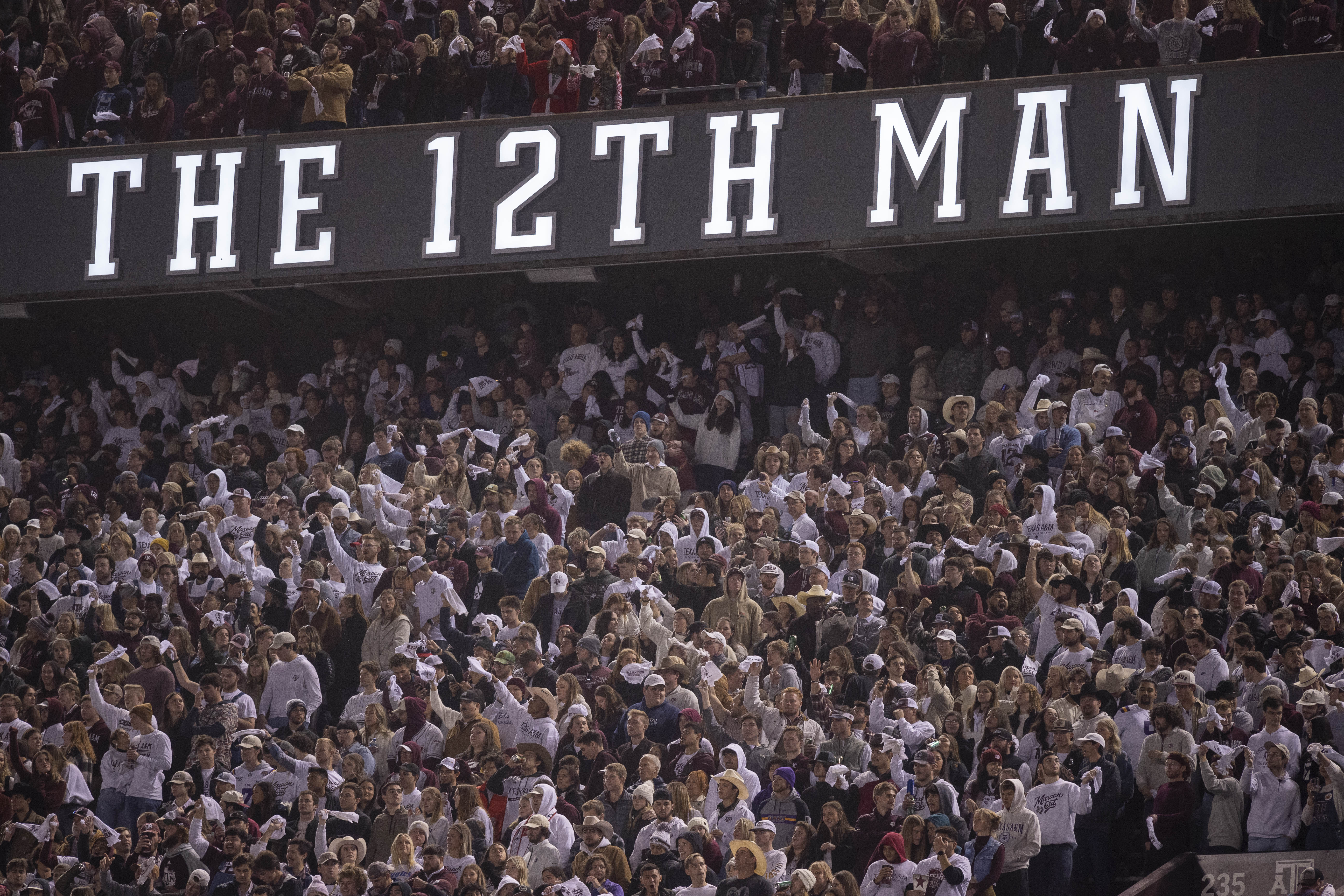 Nov 26, 2022; College Station, Texas; A view of the 12th man logo and Texas A&M Aggies fans and students during the game between the Texas A&M Aggies and the LSU Tigers at Kyle Field. Jerome Miron-USA TODAY Sports