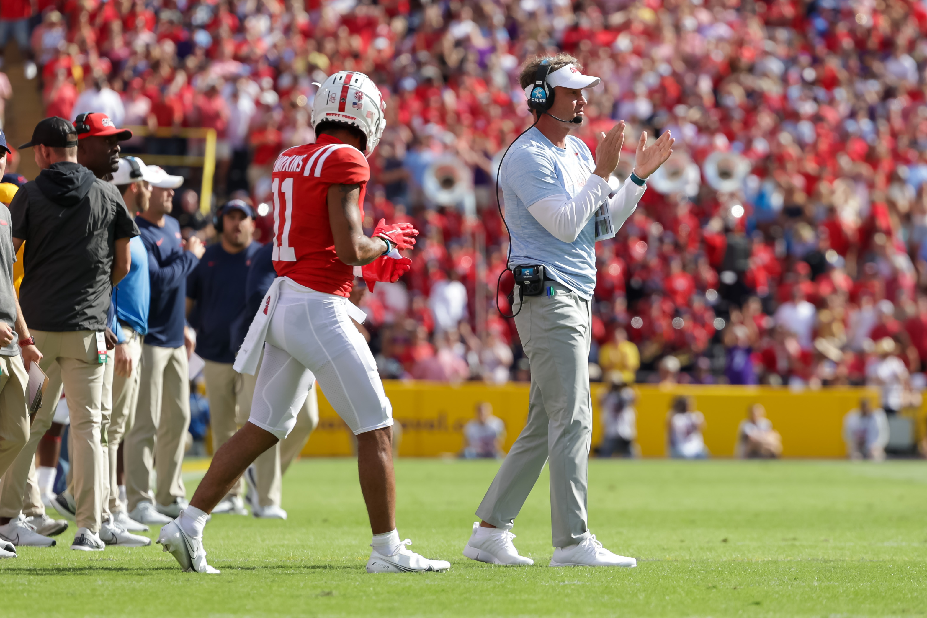 Oct 22, 2022; Baton Rouge, Louisiana; Mississippi Rebels head coach Lane Kiffin reacts to a play against the LSU Tigers during the first half at Tiger Stadium. Stephen Lew-USA TODAY Sports