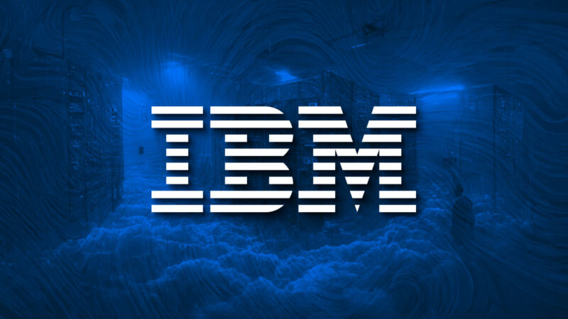 The IBM logo in front of an AI-generated background.